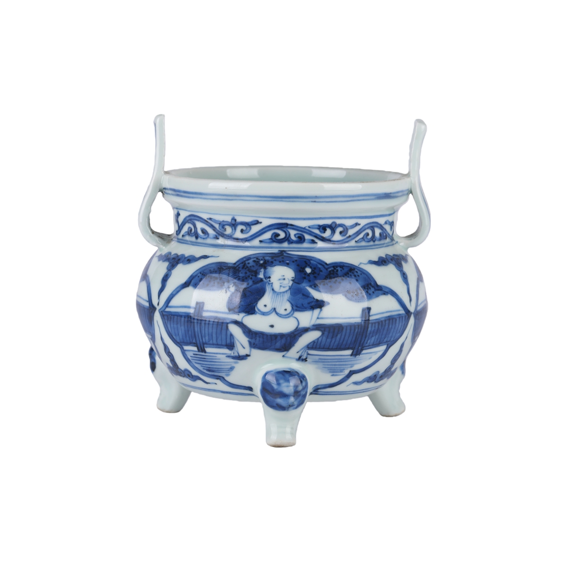 01073 Chinese Blue and White glaze Figure Pattern Double Ear Porcelain Tripod Stove