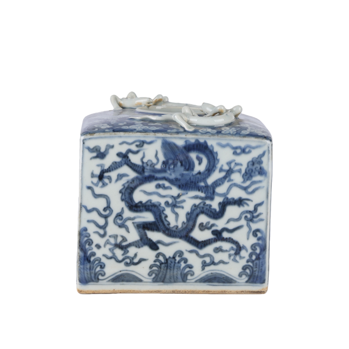 01080 Chinese blue and white glazed dragon patterned porcelain square jar