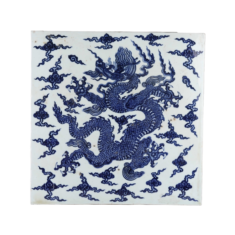 01086 Chinese Blue and White Square Porcelain Plaque with Dragon-and-Cloud Pattern