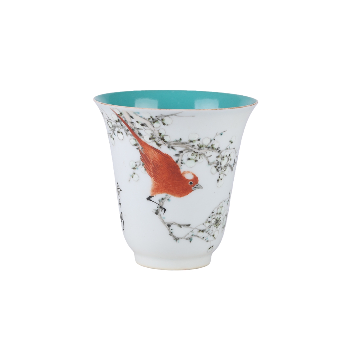 01091 Chinese Fencai glaze Flower and Bird Pattern Porcelain Cup (Mark of Yu Ziming)