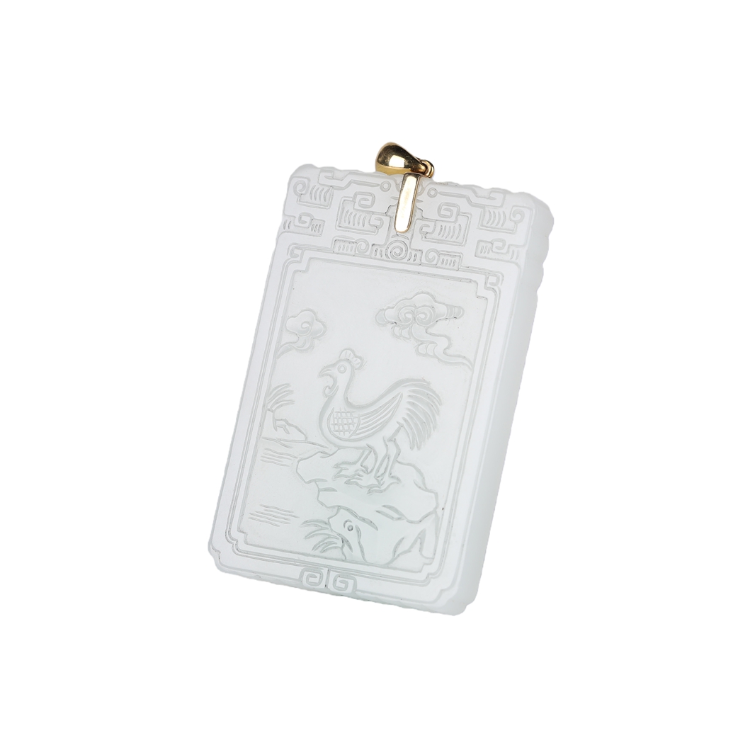 01097 Chinese Hetian white jade carving pendant (Inlaid with Gold Clasp)