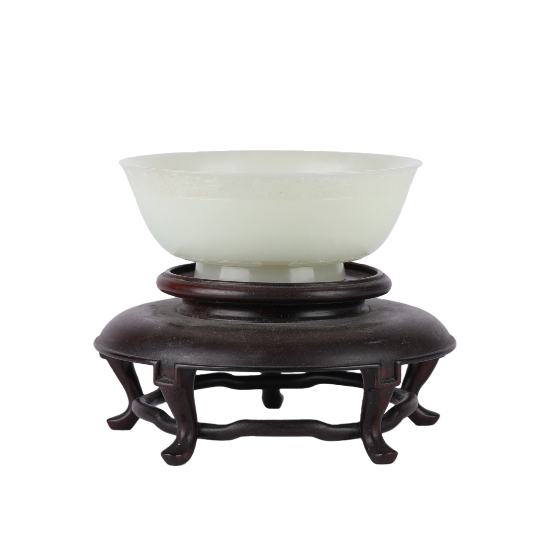 01098 Chinese Hetian White Jade Bowl (with Redwood Stand)