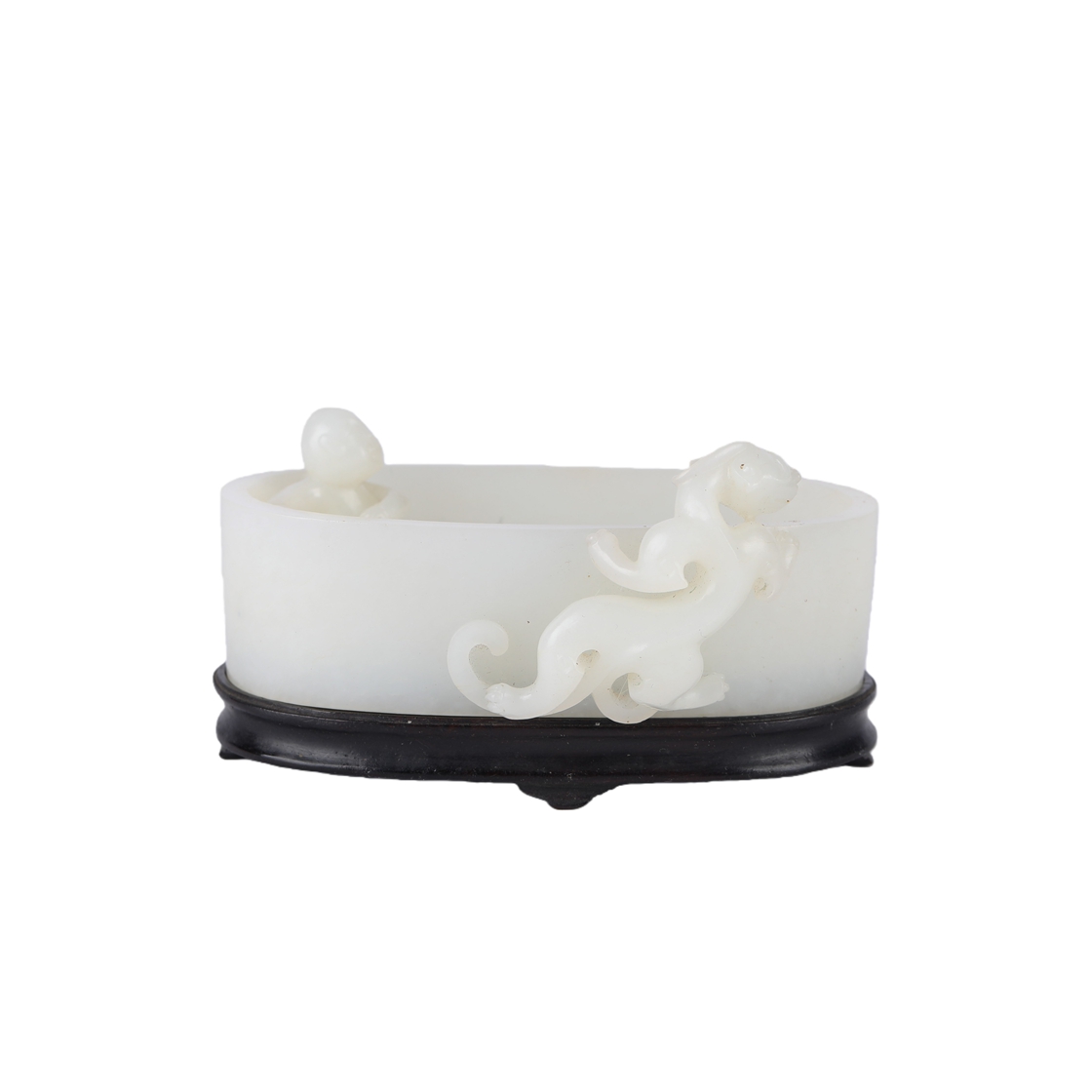 01099 Chinese  White Jade Washer Carved with Auspicious Beast Motif (with Wooden Stand)