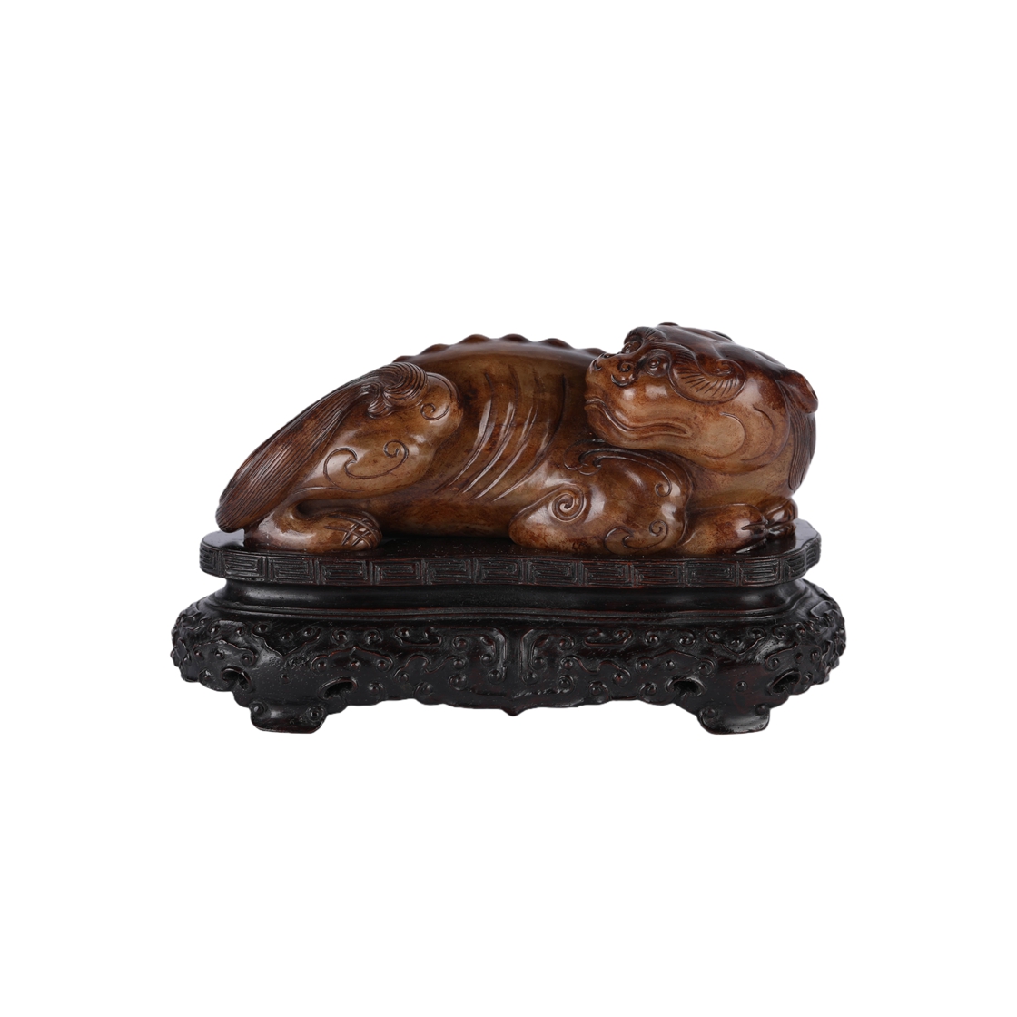 01114 Chinese Hetian jade carving auspicious animal ornaments (with red wood carving seat)