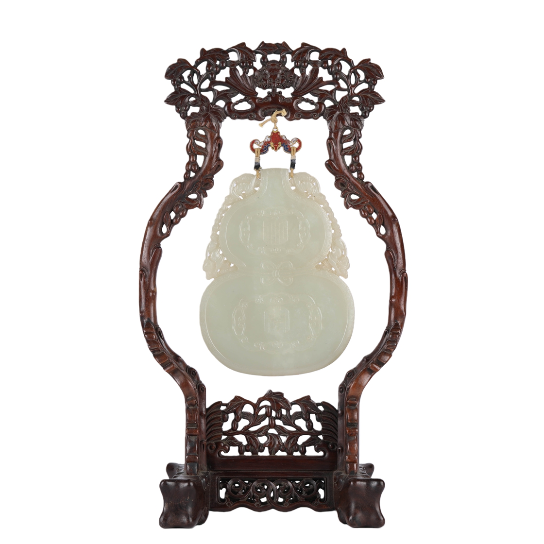01110 White Jade Carved Gourd-Shaped Auspicious Pendant (with Openwork Redwood Stand)