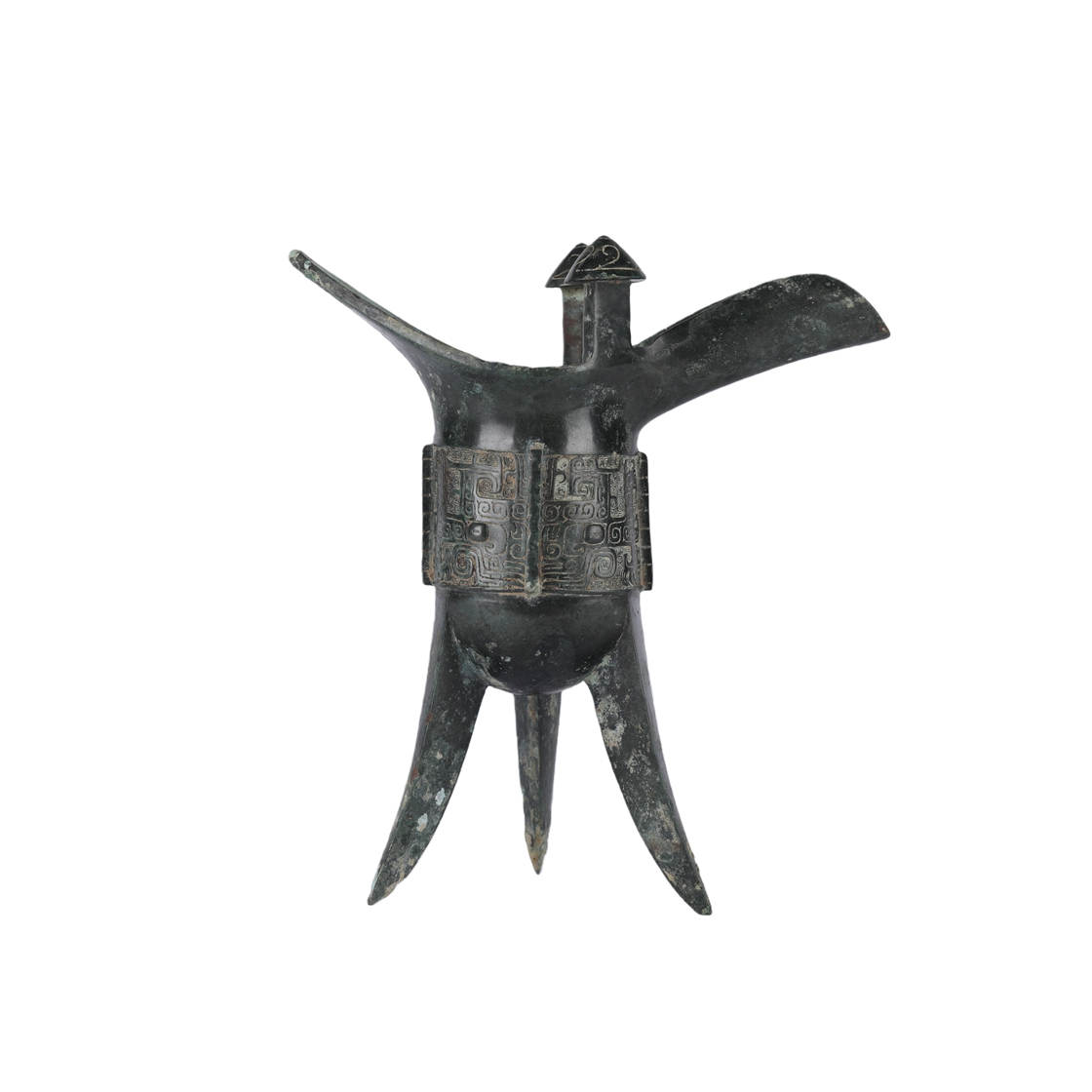 01119 Chinese Bronze Jue (Wine Vessel) with Beast Mask Motif