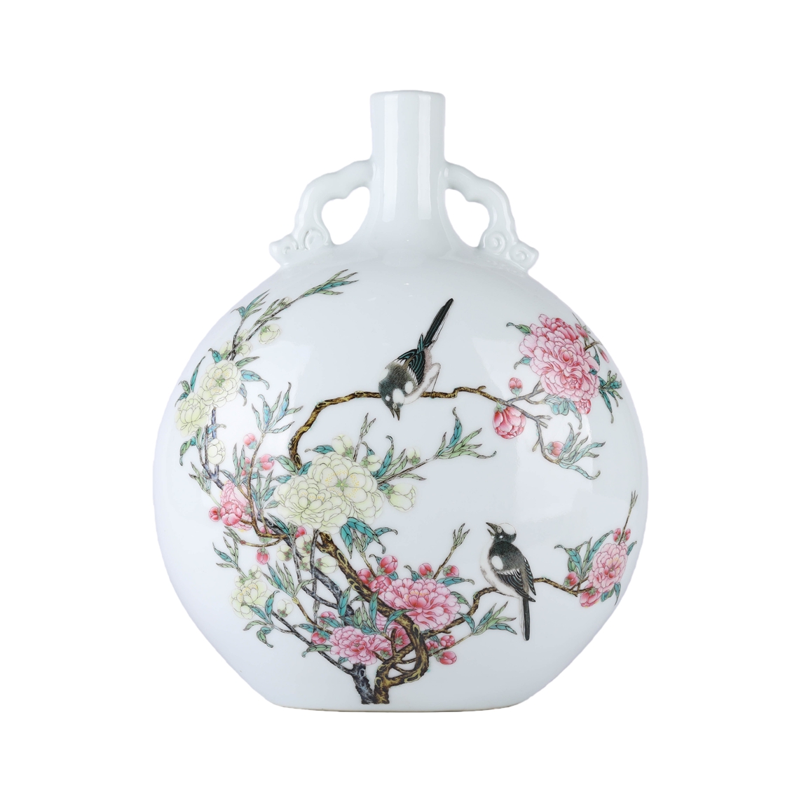 01143 Famille Rose Double-handled Flask with Magpies Perching on Blossom Branches Pattern