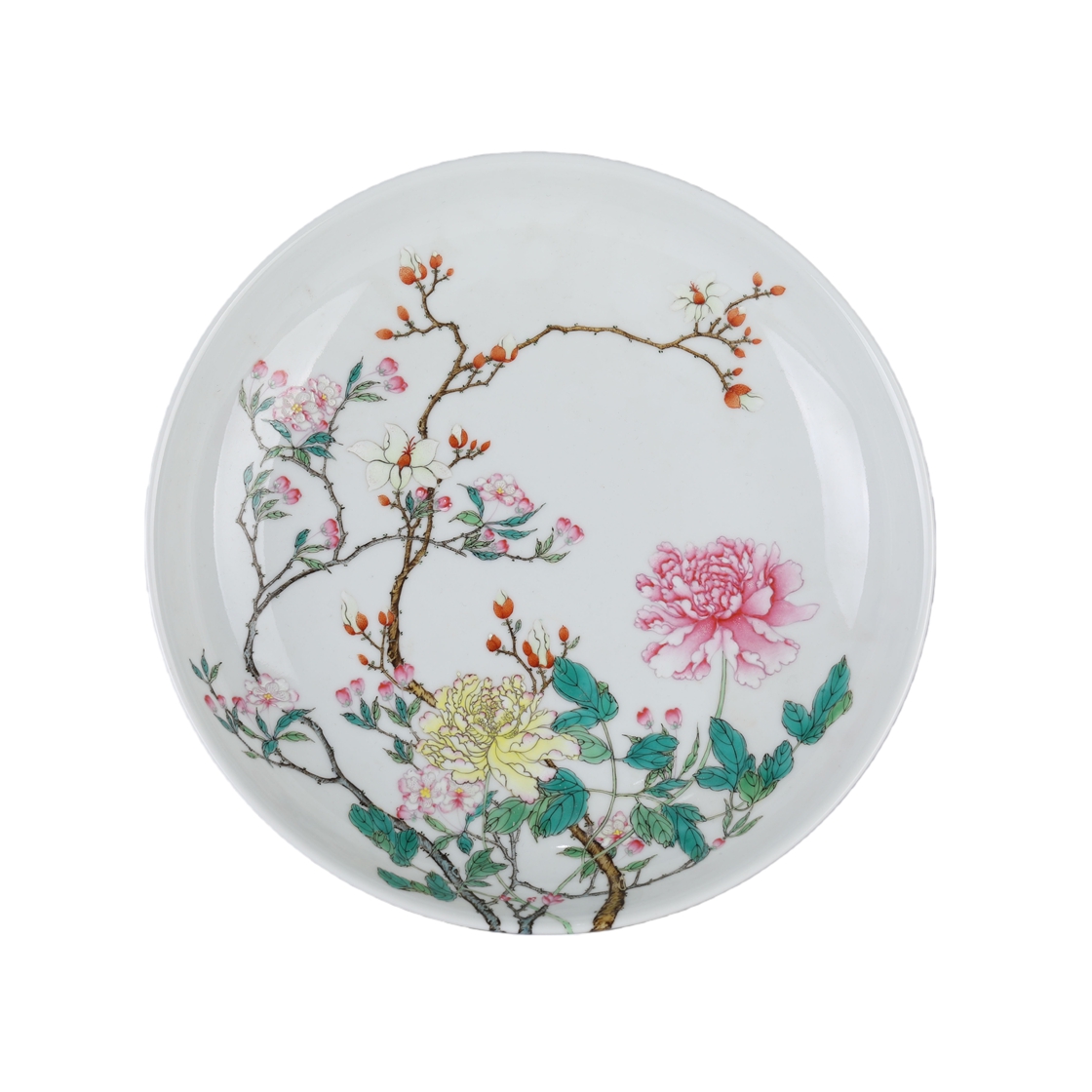 01164 Chinese Fencai Glazed Ancient Peony Flower Pattern Porcelain Plate