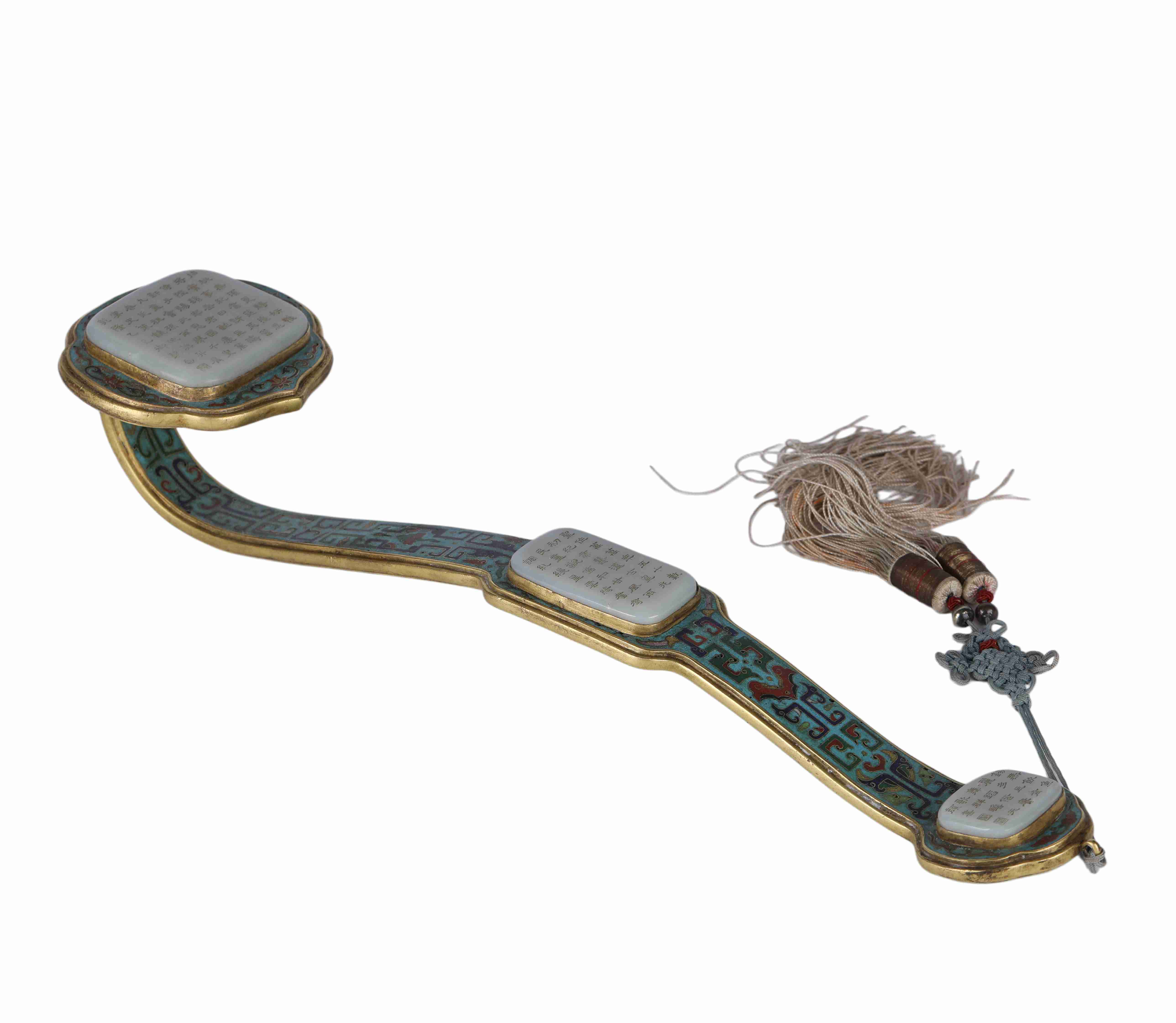 55 Chinese cloisonn é inlaid with white jade carving of Ruyi,Qianlong