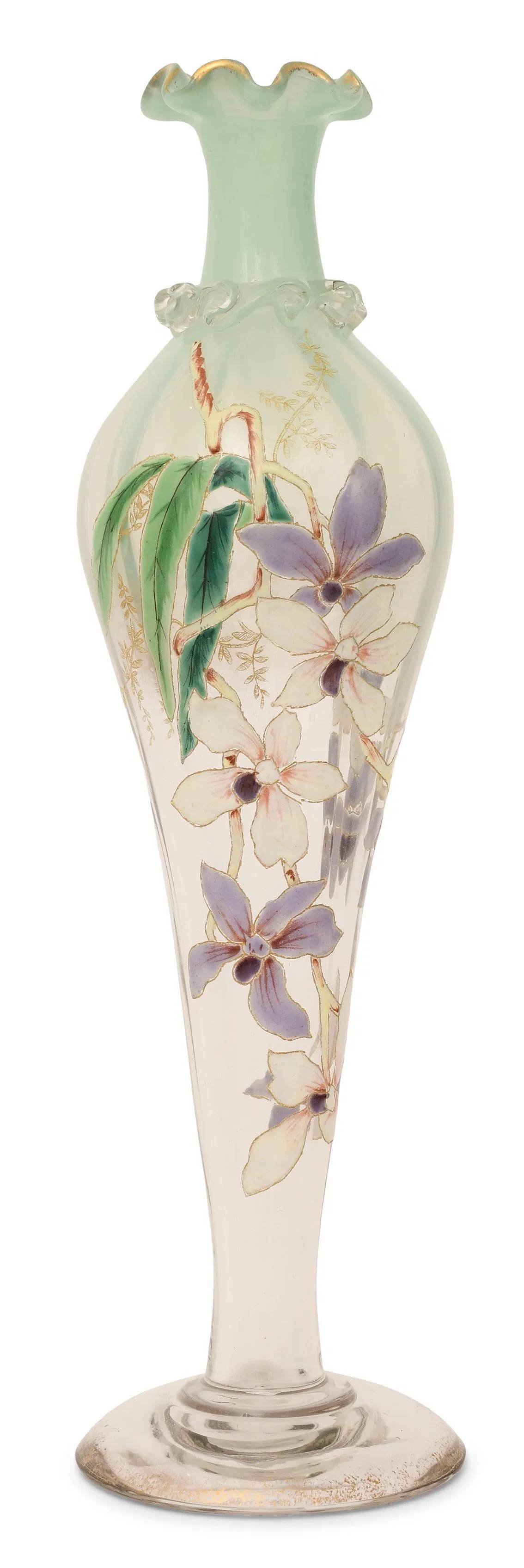 204 Mont Joye Enameled Glass Floral Vase